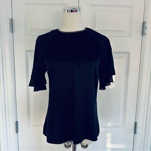 Reiss Wave Blouse Navy Blue Ruffled Flutter Sleeves Beaded Business Top Size 4